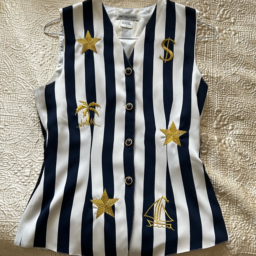 Nautical Navy and White Striped Button Down Shirt with Gold Embroidery